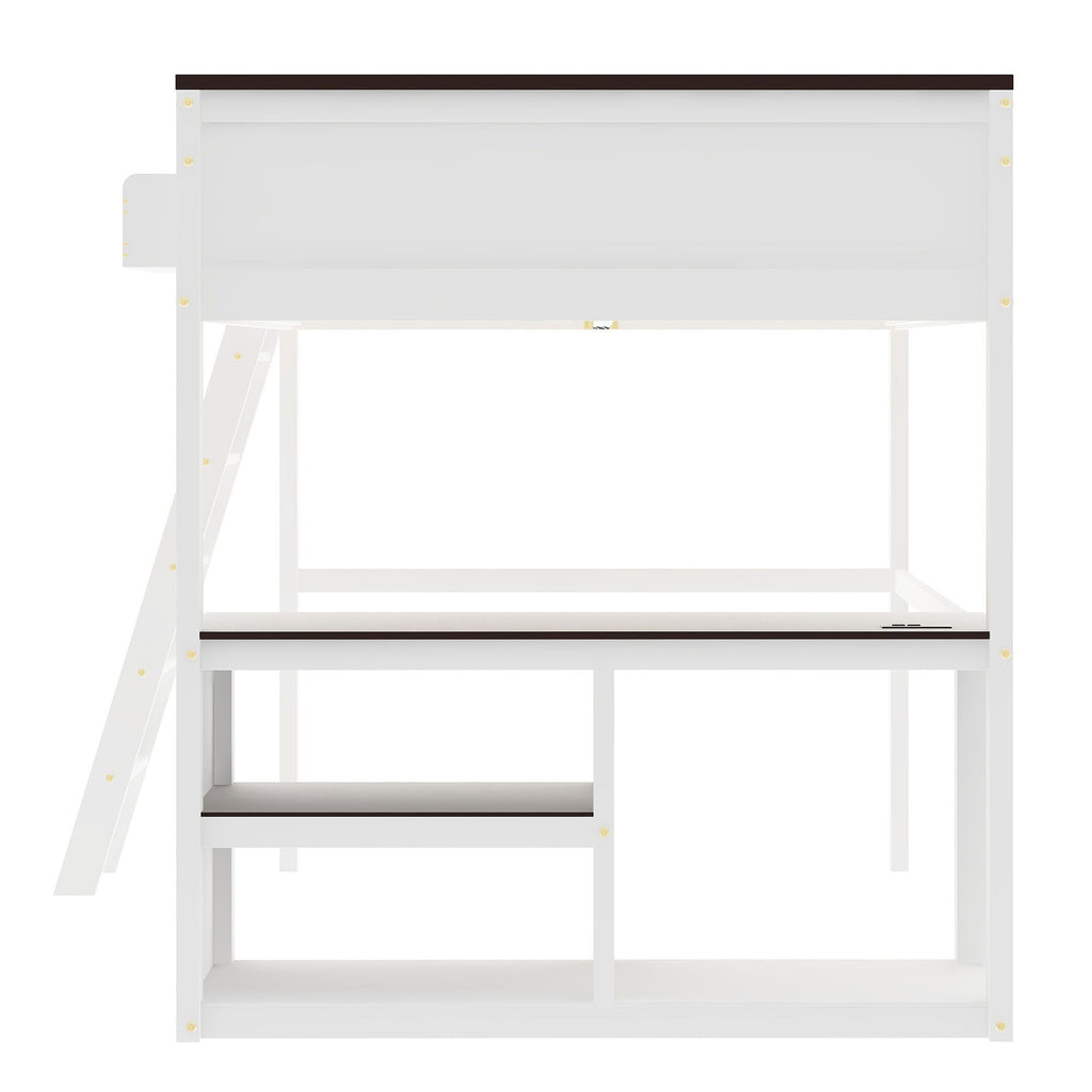 Queen Size Loft Bed With Desk, Open Shelf, Storage Box And USB Charging Station - White
