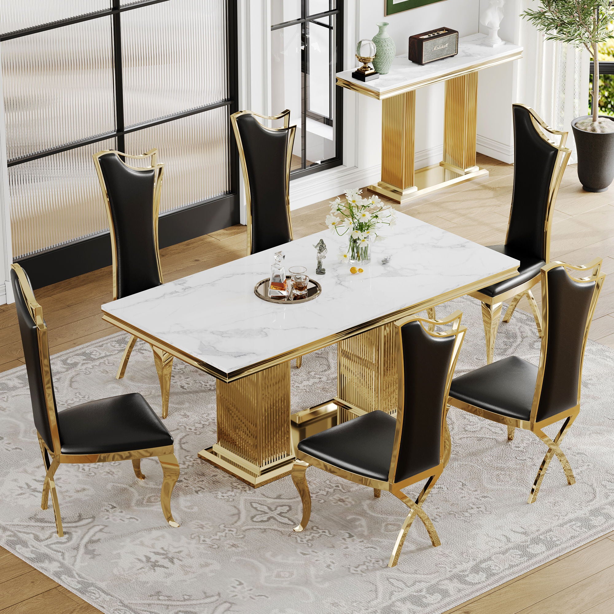 Marble Printed Top Rectangular Dining Table, Stainless Steel Base With Mirrored Finish