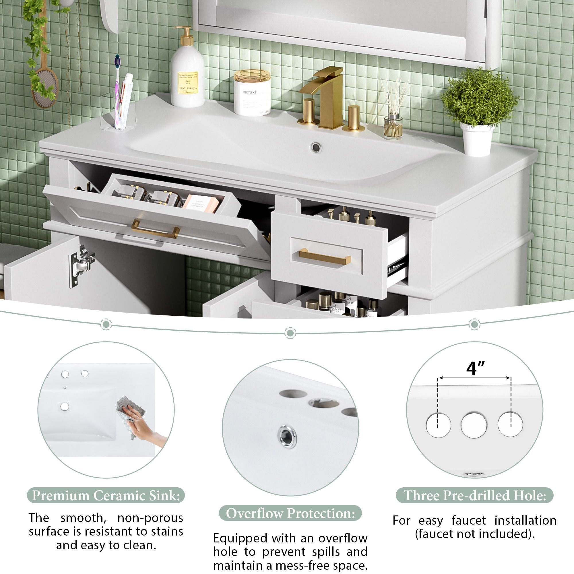 Modern Bathroom Vanity With Sink, Soft Close Doors, 4 Storage Drawers