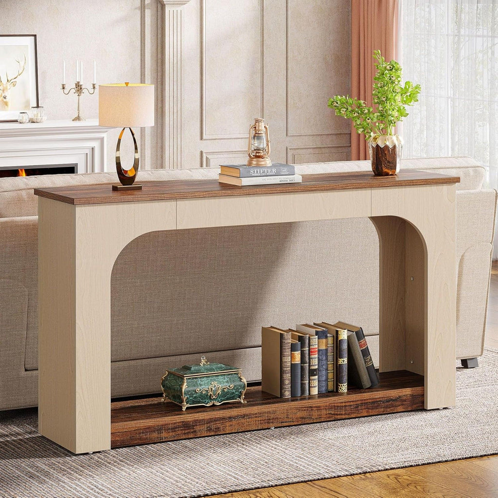 2 Tier Narrow Console Table With LED Lights For Entryway - Brown