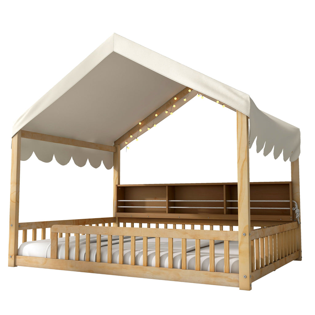 House Shaped Floor Bed With Fense, 3 Storage Bookshelves, Curtain And LED Light