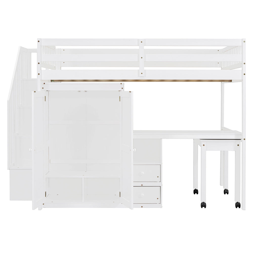 Loft Bed With Stairs, Bookshelf, Drawers, Desk & Wardrobe, Space Saving Multifunctional Furniture