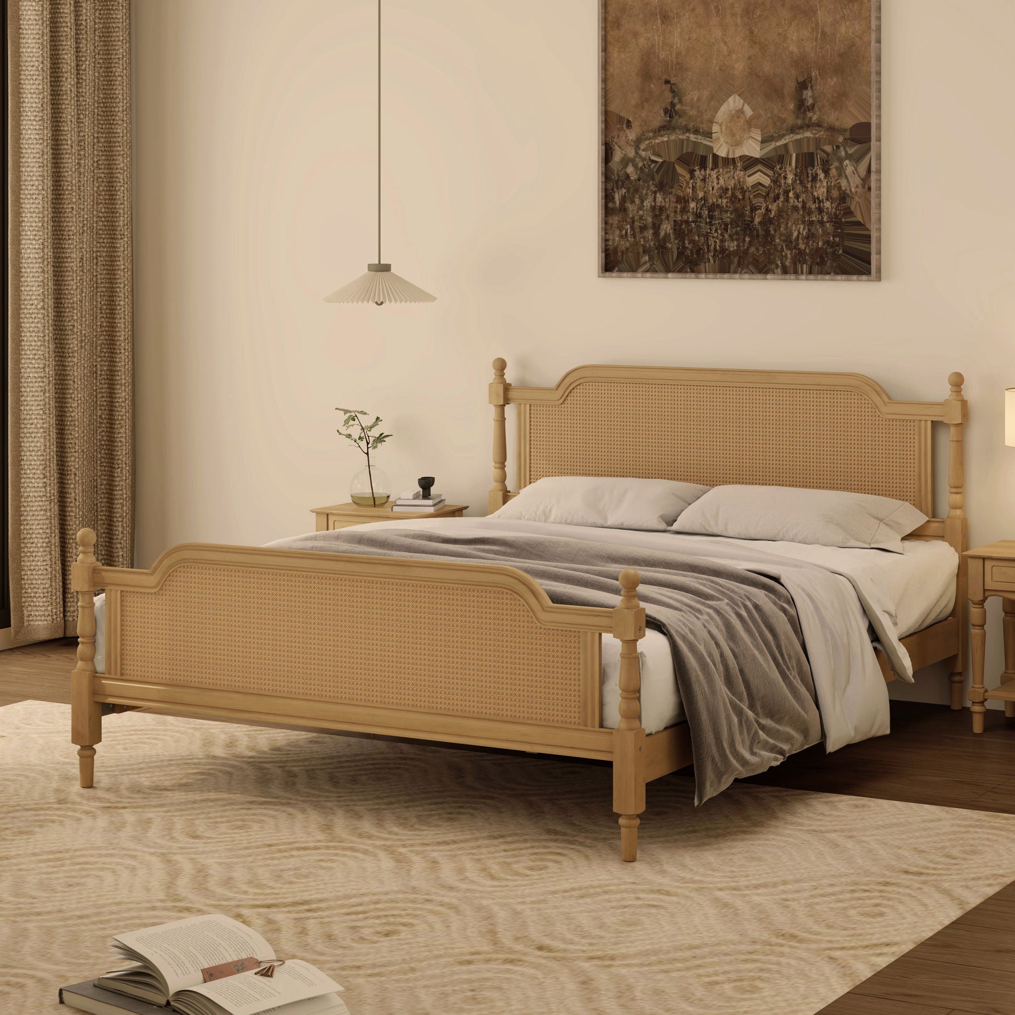 Traditional Style Rattan Bed Frame, No Box Spring Needed