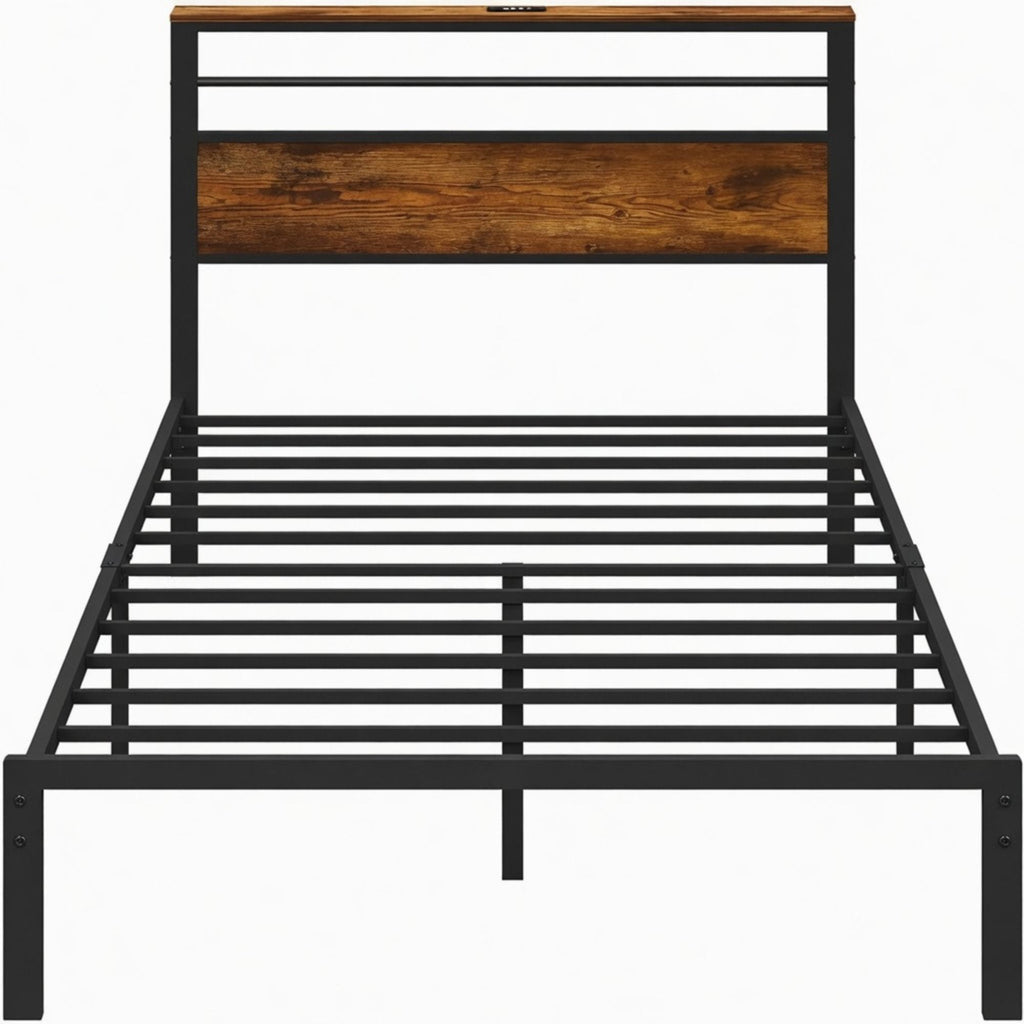 Platform Bed Frame With Charging Station & Headboard Shelves