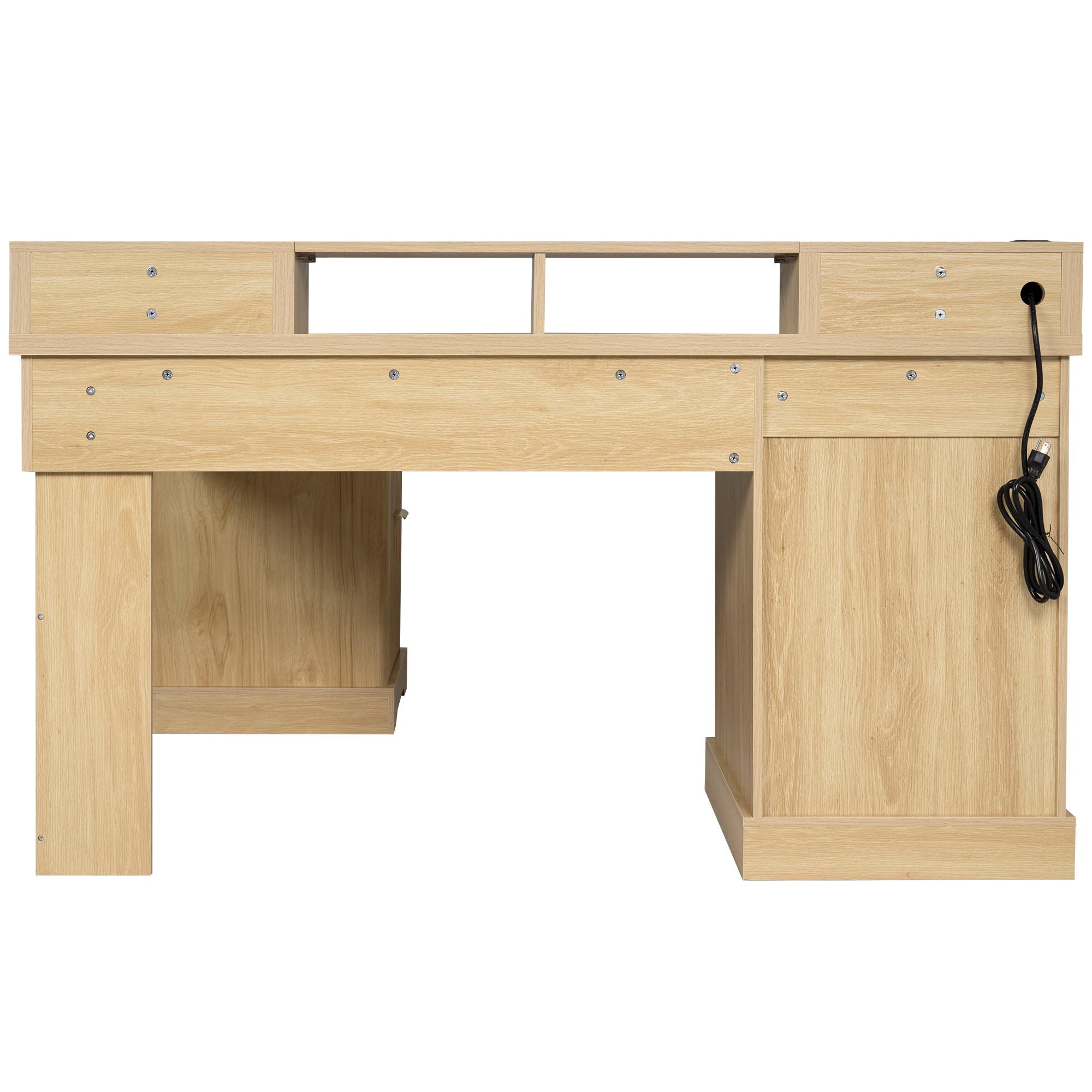 Fluted L-Shaped Desk With Charging Station & Storage Cabinet