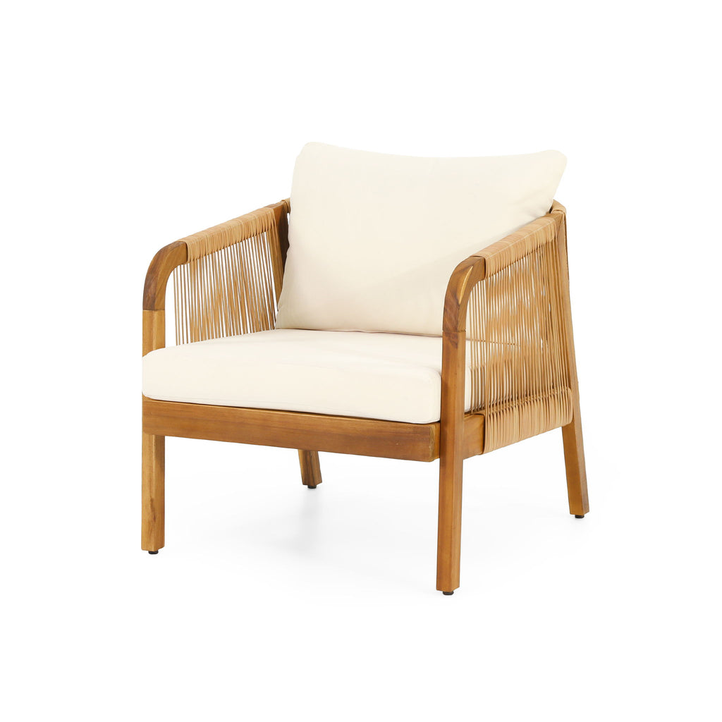 Acacia Wood And Wicker Outdoor Club Chair, Deep Seating With Soft Cushion, Porch Chairs For Garden, Backyard Porch Balcony - Brown / Beige
