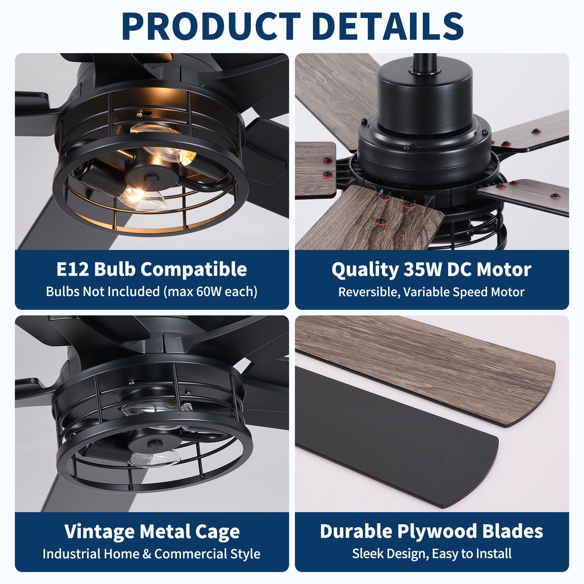 Ceiling Fan With Light, Dual‑Sided Matte Black & Wood Grain Blades - Black