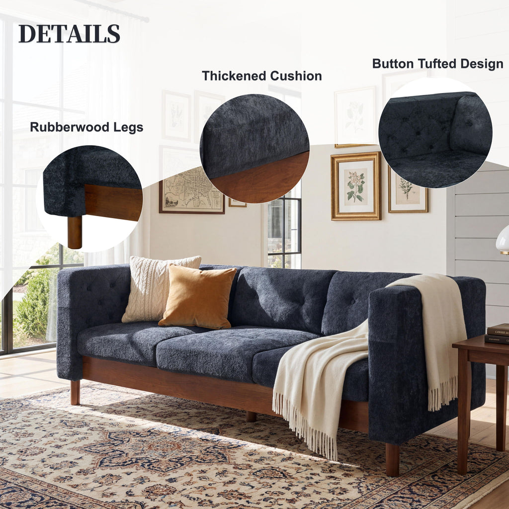 3 Seater Sofa With Square Arms, Tufted Pillow Back For Living Room