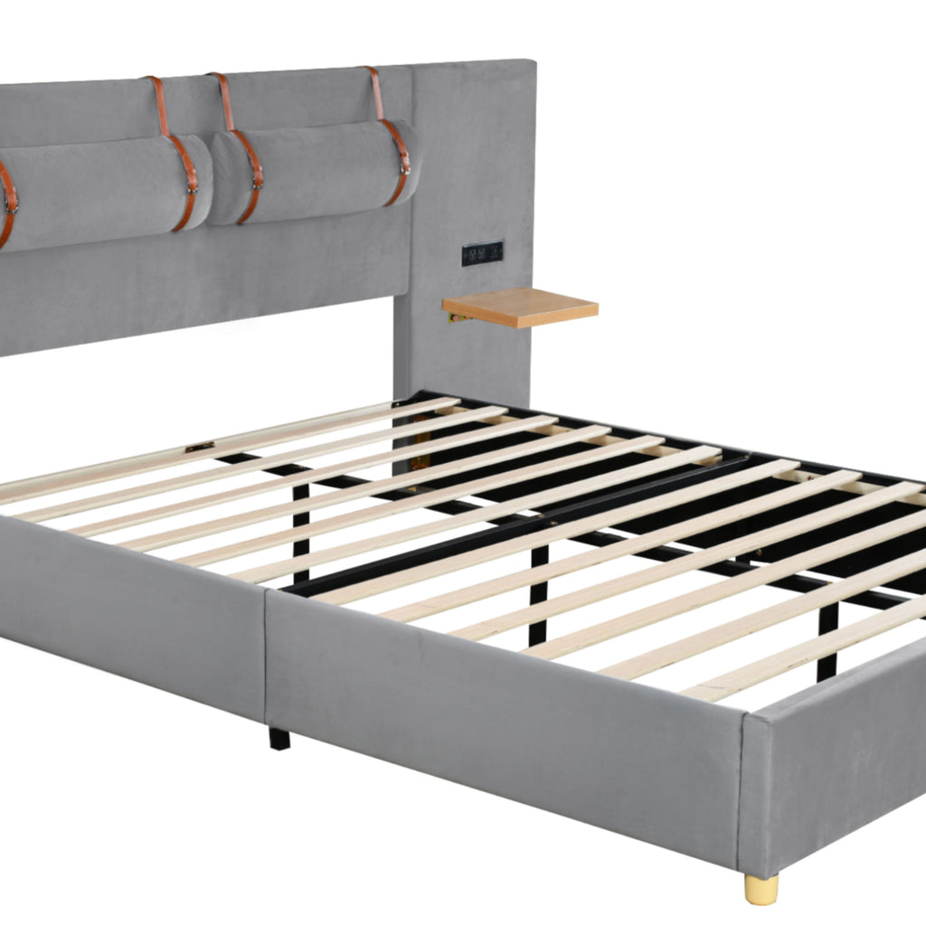 Upholstered Platform Bed, 2 Outlets And USB Charging Ports On Both Sides, 2 Bedside Pillows, Storage Shelves