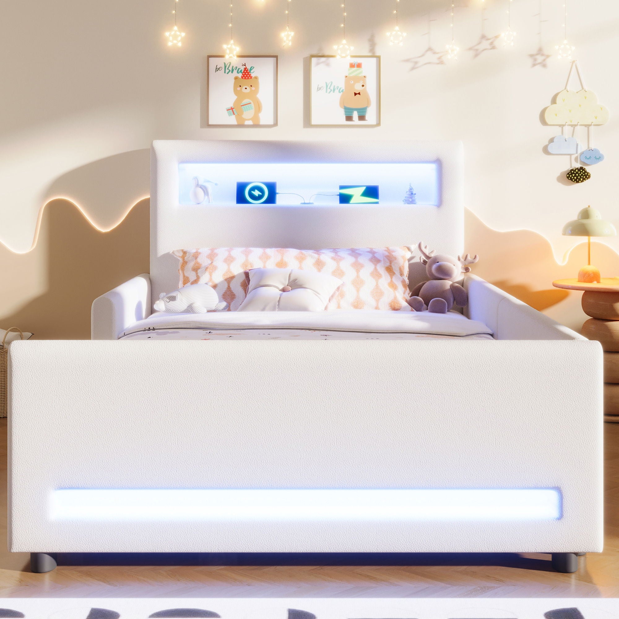Upholstered Platform Bed With Drawer, LED Light Strip, USB Port