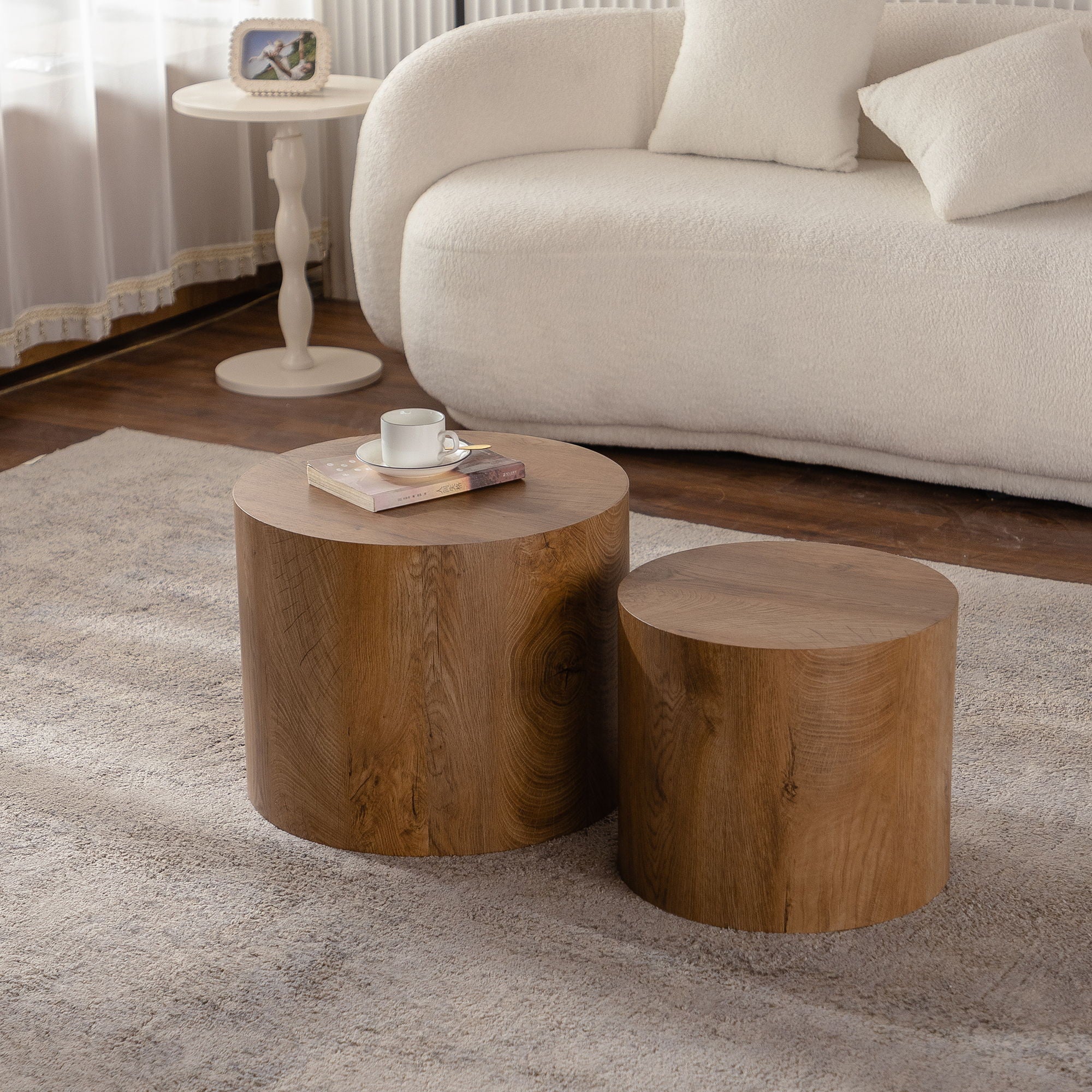 Round Nesting Coffee Table For Small Living Room (Set of 2) - Brown / Wood