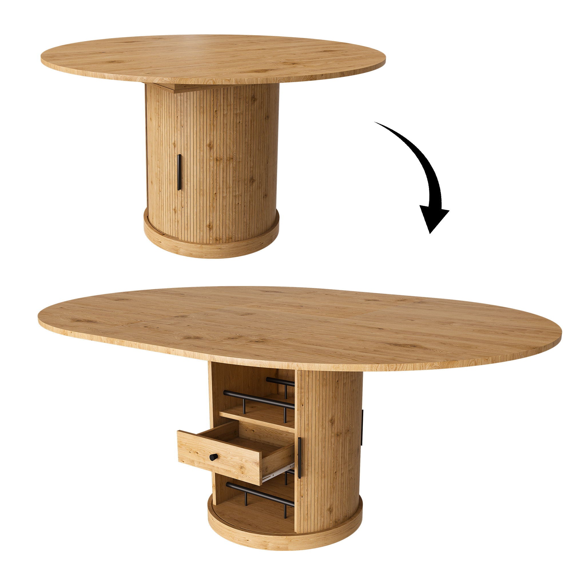 Extendable Oval Dining Table With 2 Tier Storage - Oak