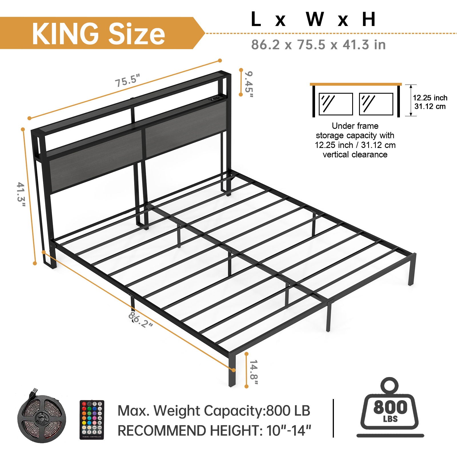 Bed Frame With Headboard, LED Lights & Charging Station