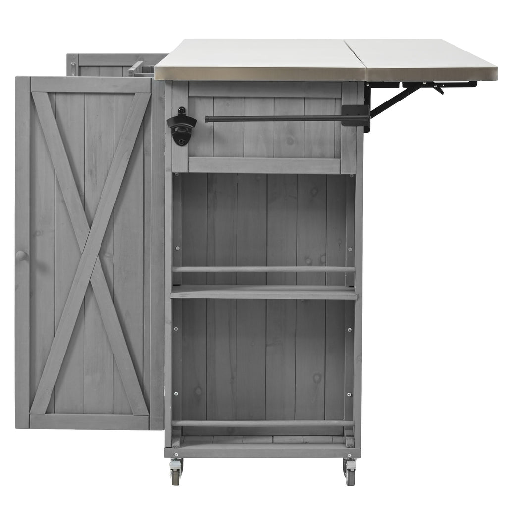 Outdoor Kitchen Island With Stainless Steel Top, Ample Storage Space, Towel And Spice Racks And A Bottle Opener