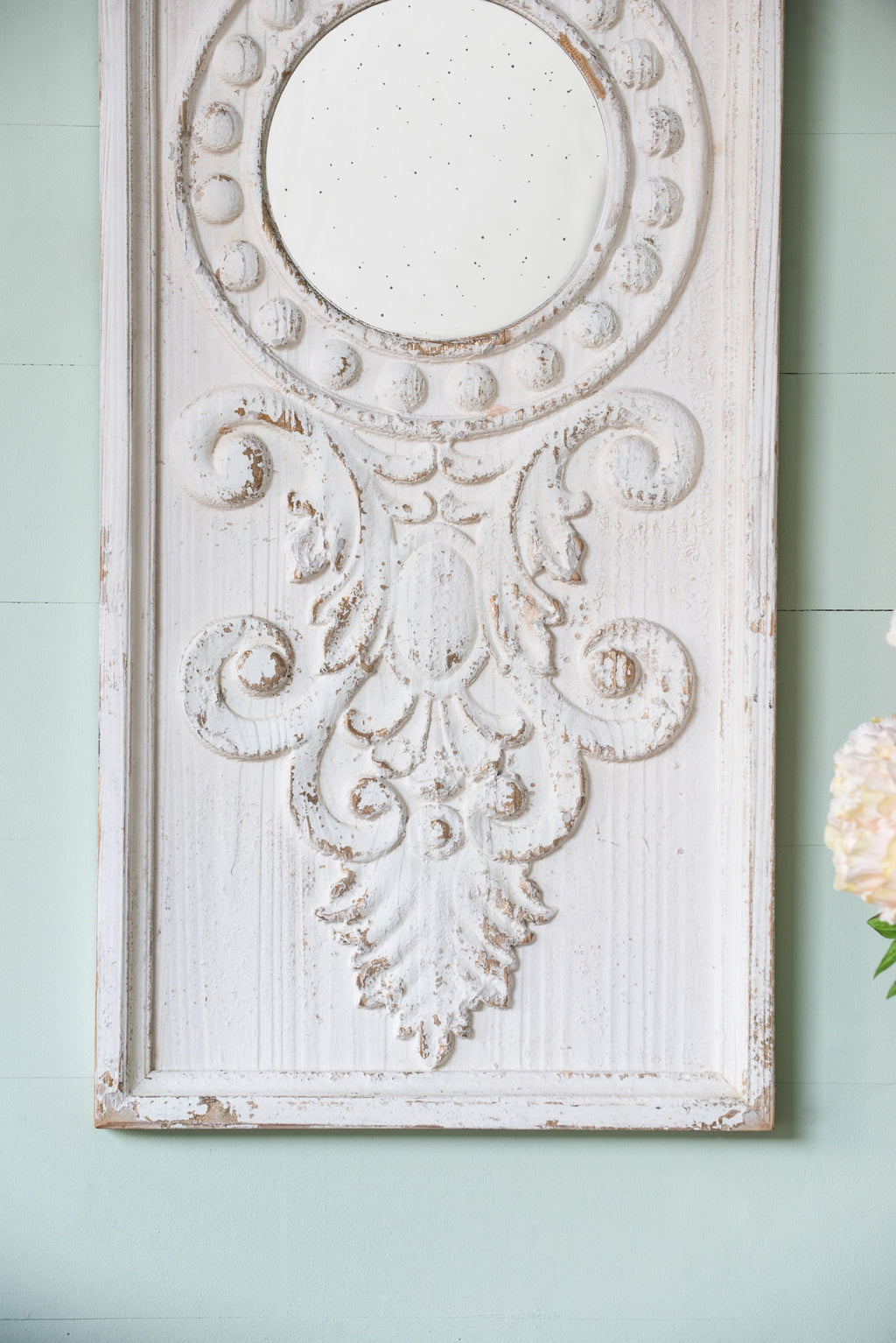 Large Wooden Wall Art Panels With Distressed Round Mirror Accents (Set of 2) - White