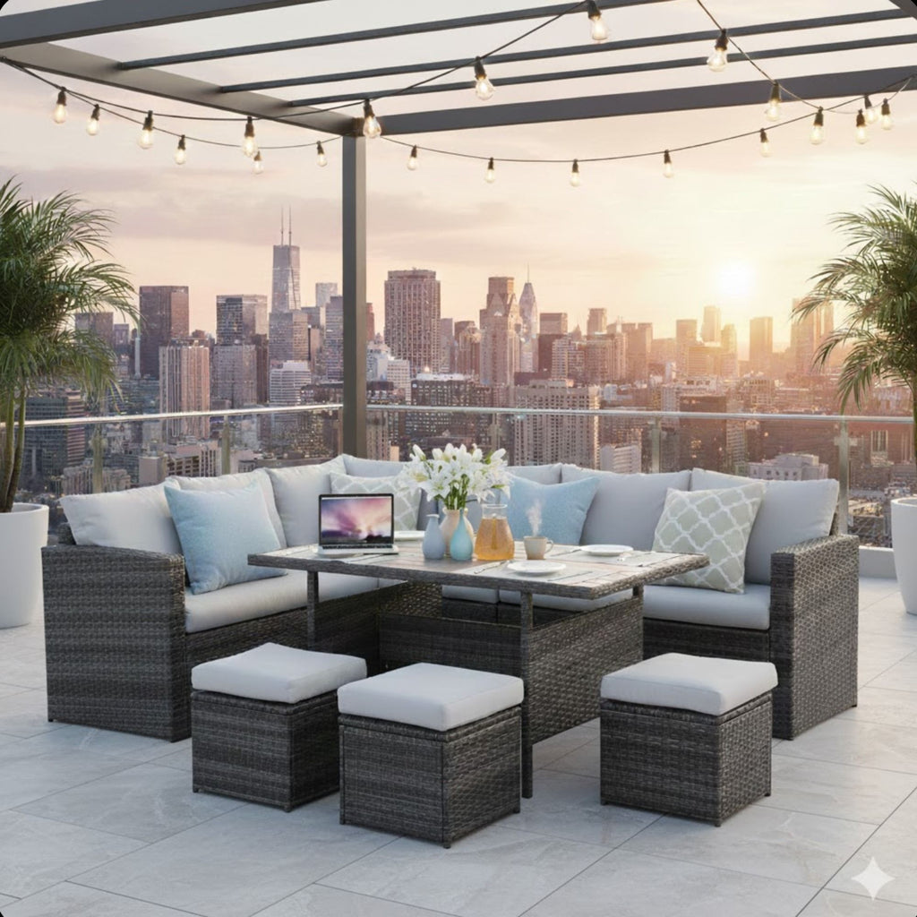 7 Piece Outdoor Dining Set With Cushions, Modular Sectional Sofa And Table