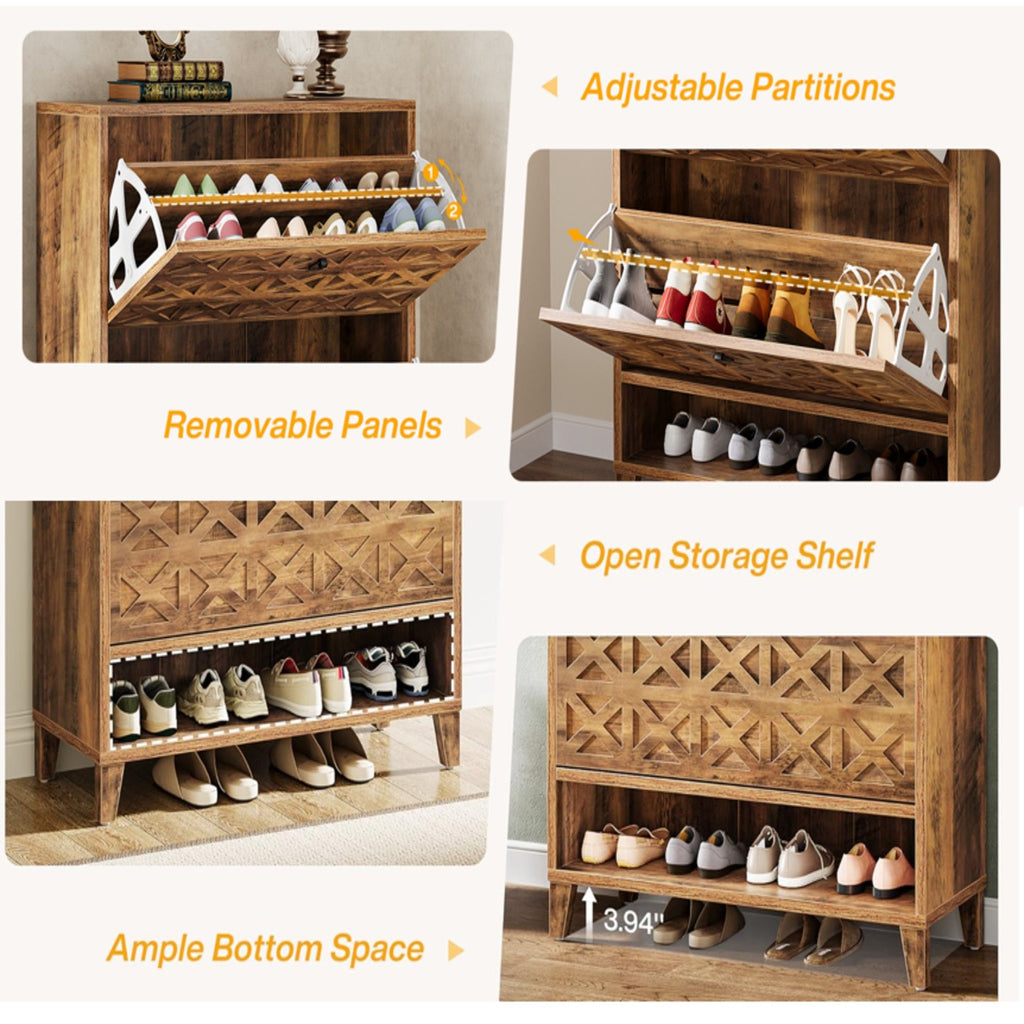 Narrow Shoe Cabinet With 2 Flip Drawers For Entryway Organizer - Rustic Brown