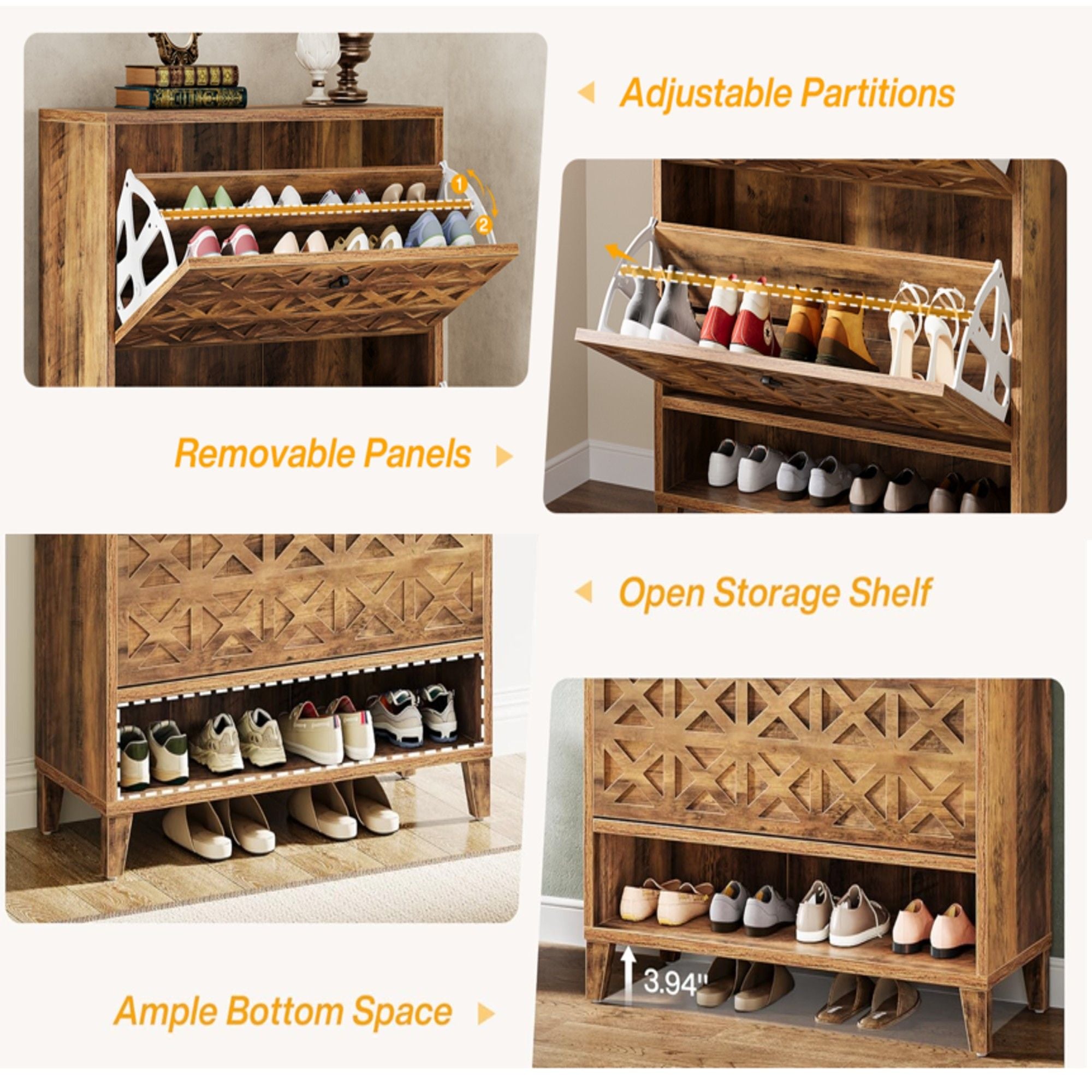 Narrow Shoe Cabinet With 2 Flip Drawers For Entryway Organizer - Rustic Brown