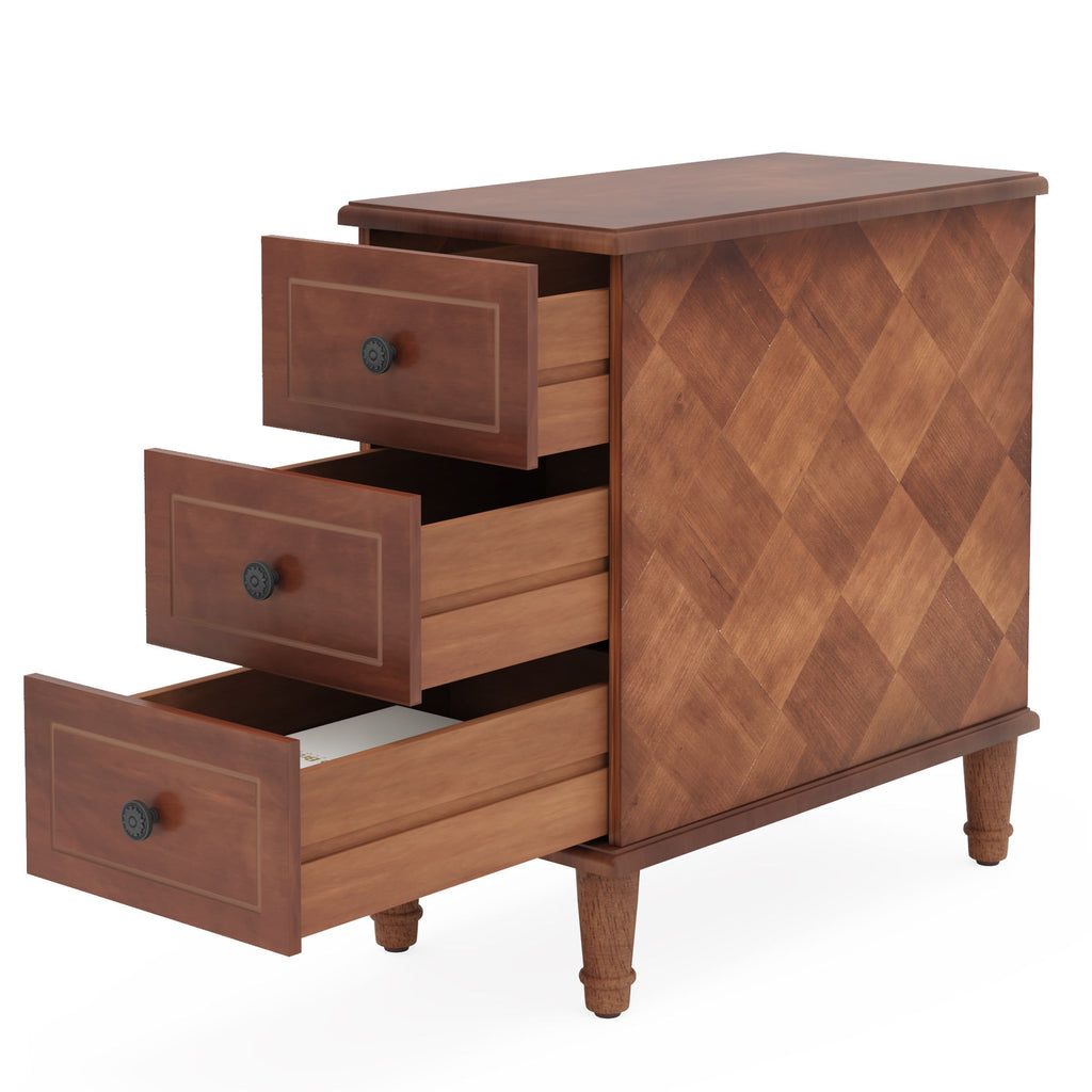 Narrow End Table With 3 Drawers, Compact Design For Small Spaces - Brown