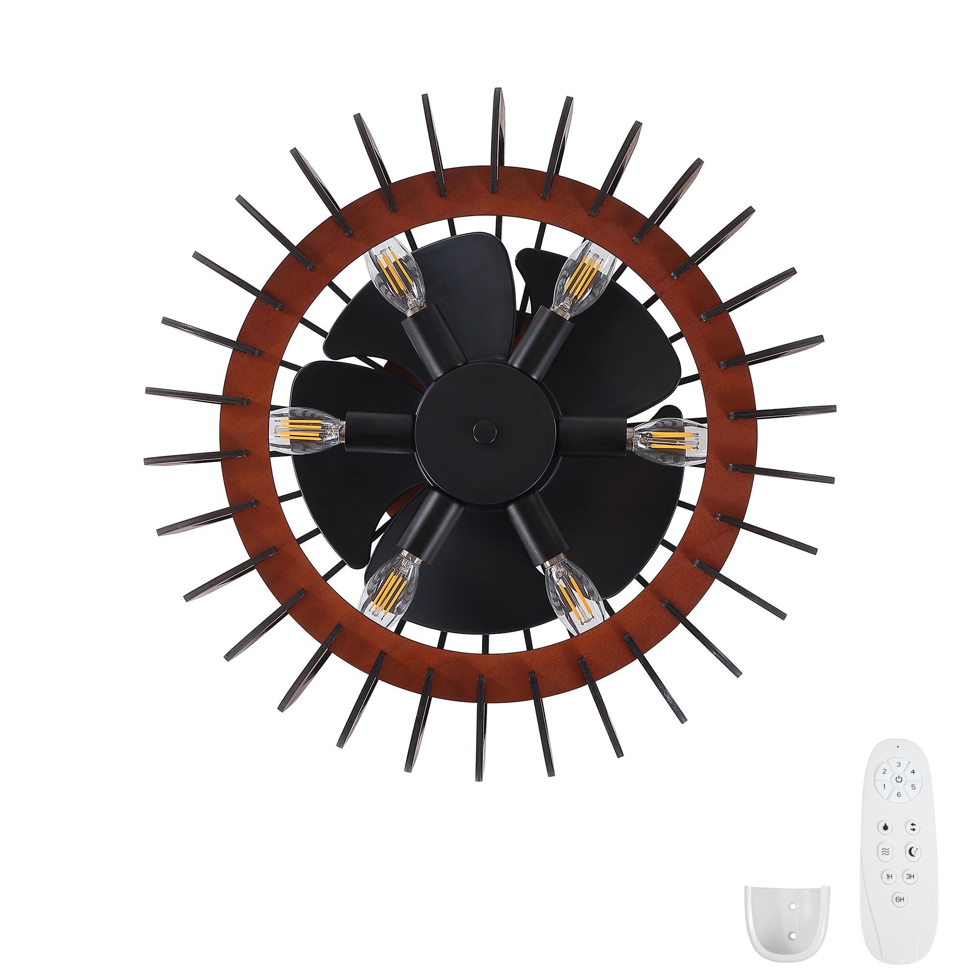 Ceiling Fan, Fandelier With 6 E12 Sockets, Reversible DC Motor, 6 Speeds, Remote Control, Adjustable Hanging - Black / Brown