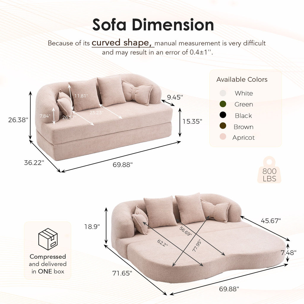 Foldable Sofa Bed, Boneless Couch Convertible Sleeper With 4 Pillows