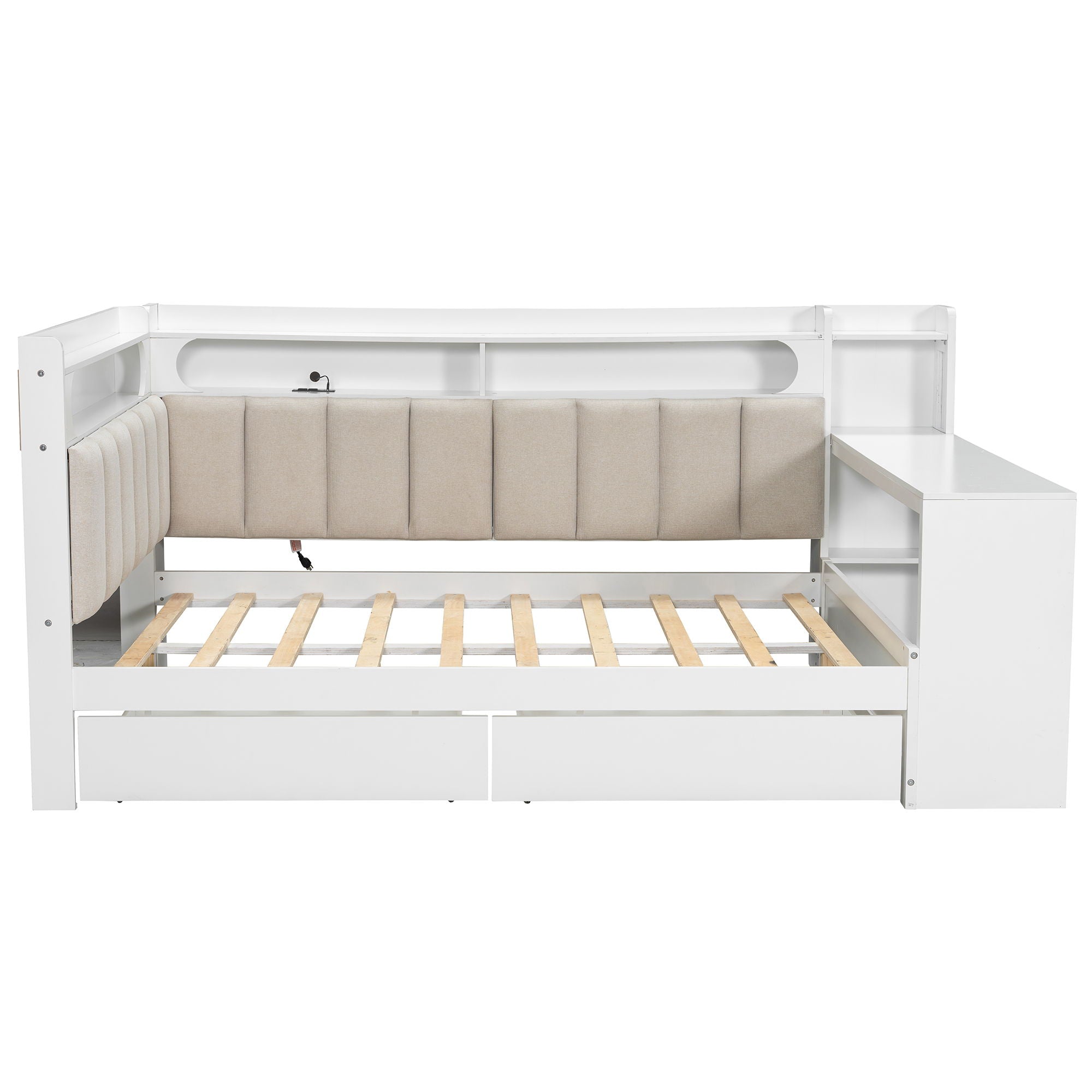 Daybed With Upholstered Headboard, Storage Shelves, Drawers, Charging Station, LED Light, And Adjustable Desk