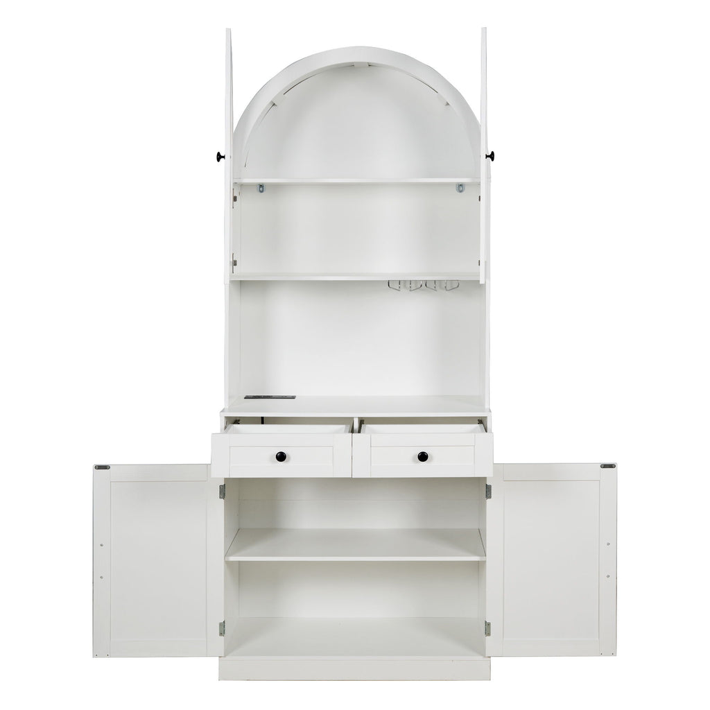 Tall Arched Pantry Cabinet With Charging Station, Adjustable Shelves, Coffee Bar