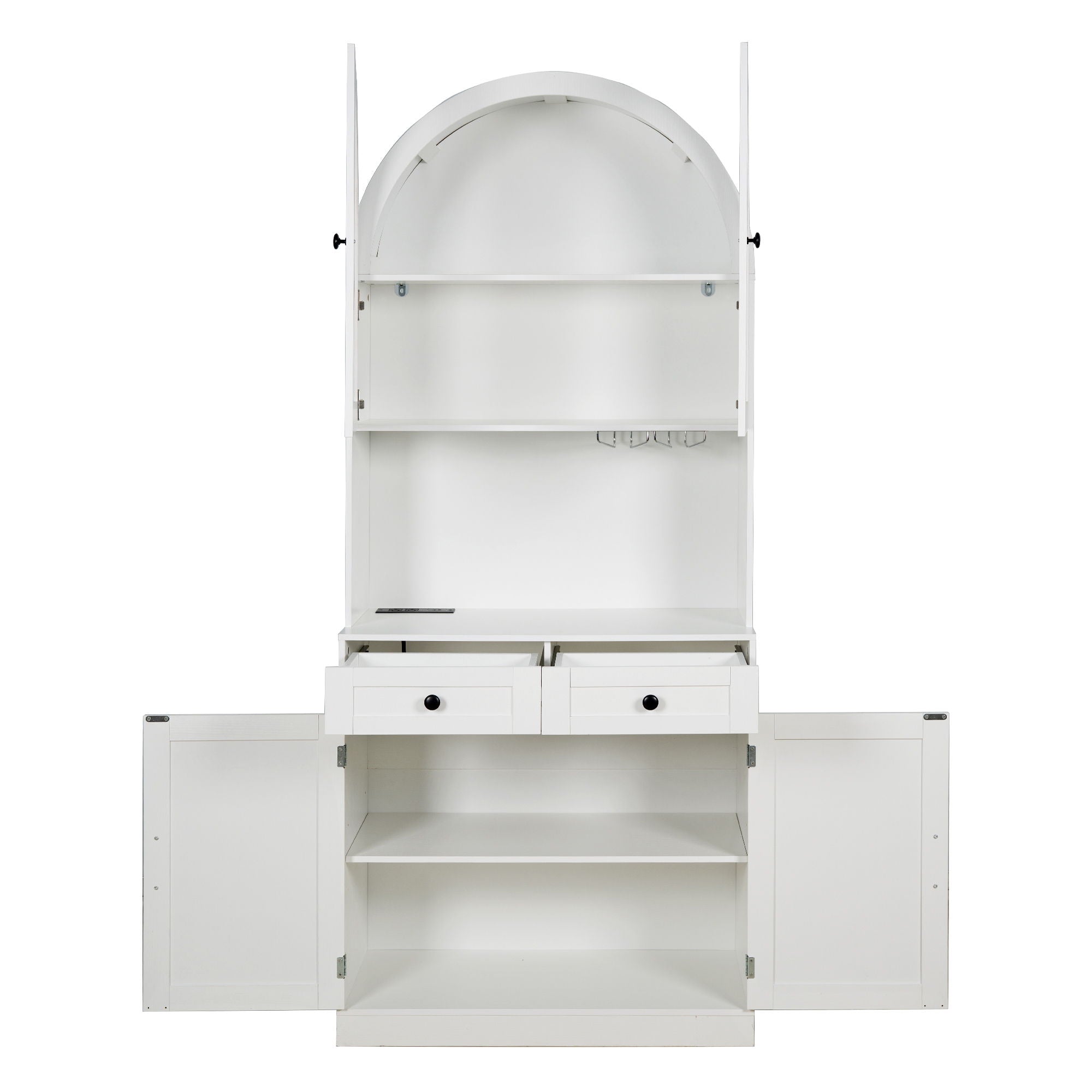 Tall Arched Pantry Cabinet With Charging Station, Adjustable Shelves, Coffee Bar