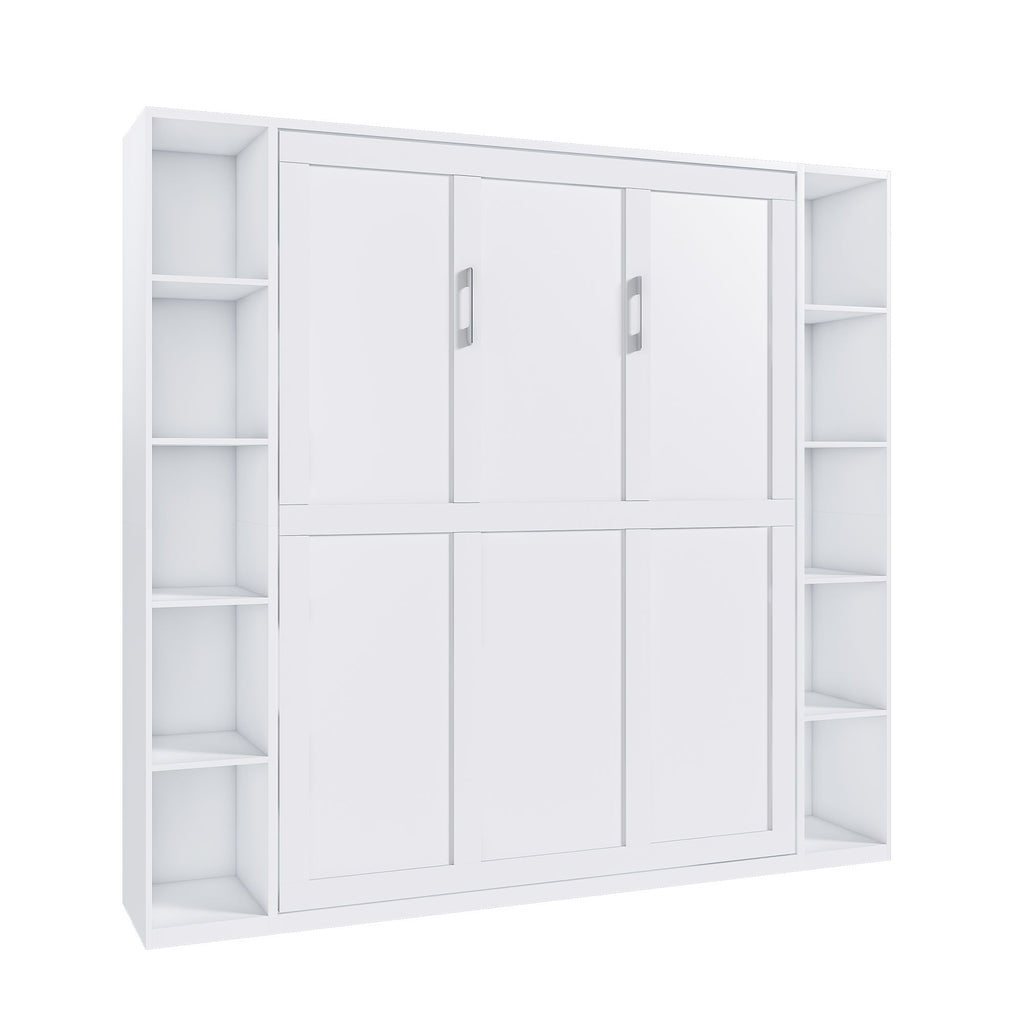 Queen Murphy Bed With Storage Cabinet, Foldable Wall Bed For Bedrooms - White