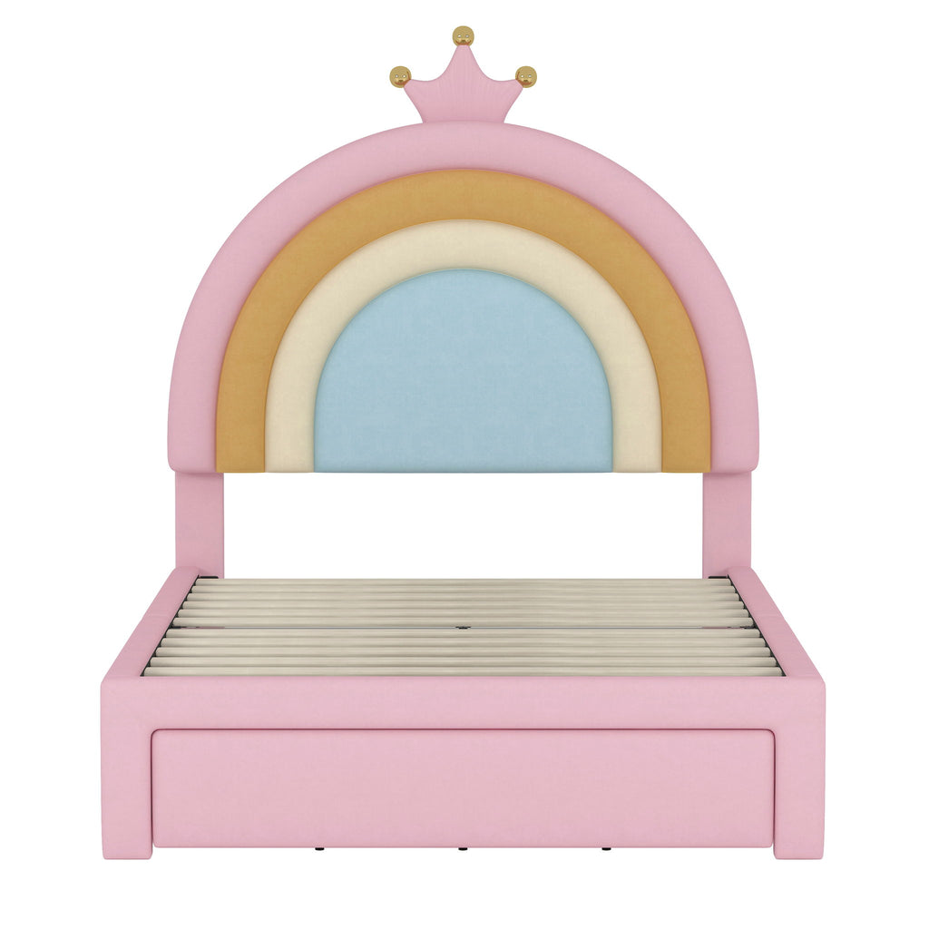 Upholstered Rainbow Design Bed, Princess Platform Bed With Storage Drawer