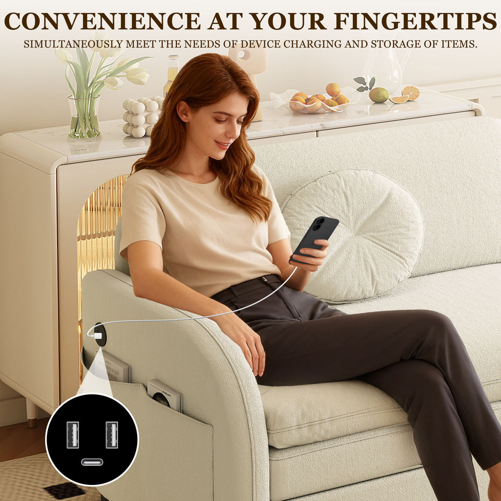 Upholstered Pull Out Couch With Side Pocket & USB Port