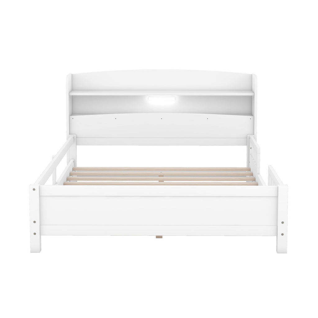 Wood Platform Bed With Built In LED Light, Storage Headboard And Guardrail