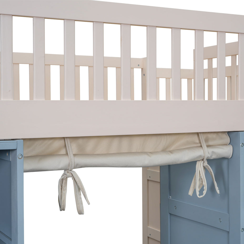 Full Size Loft Bed With 2 Four Layer Storage Cabinets And Curtain With Built In Staircase And Privacy Curtain - White
