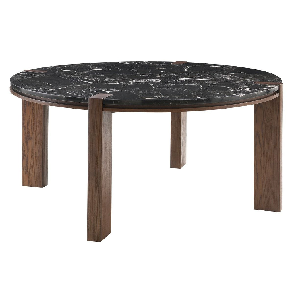 Estella - Round Dining Table With Natural Marble Top - Black Top & Walnut