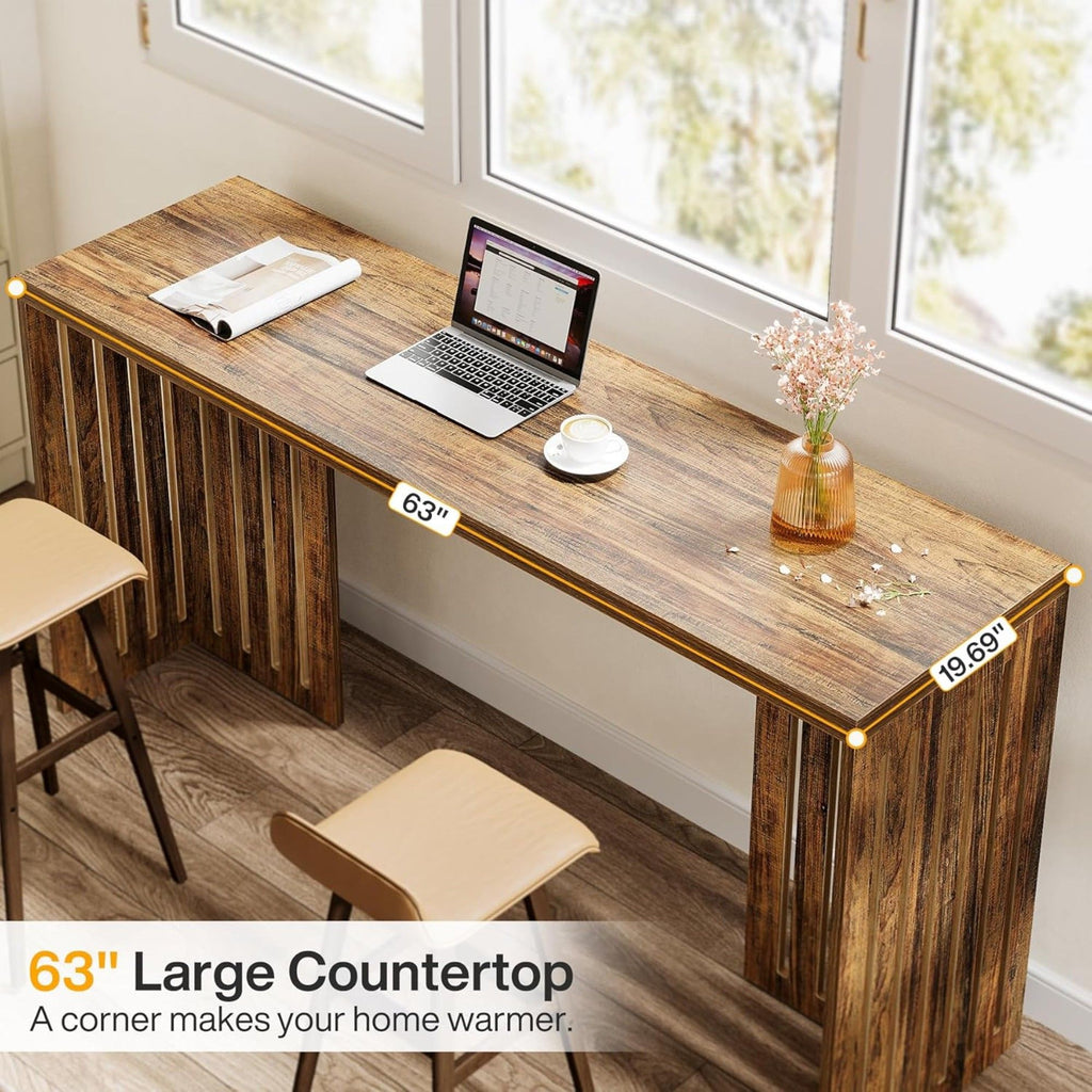Narrow Counter Height Pub Table With Louvered Base For Kitchen - Rustic Brown