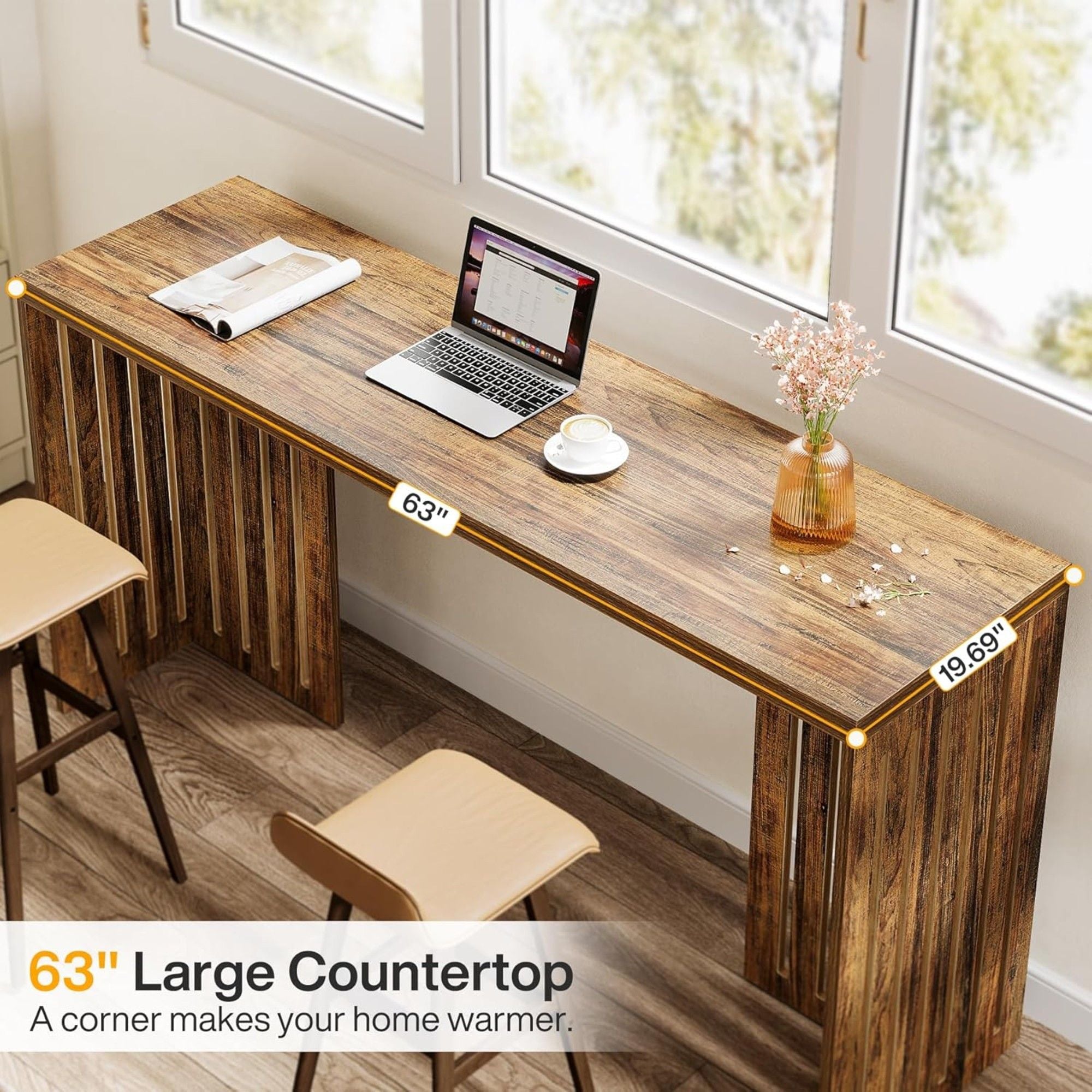 Narrow Counter Height Pub Table With Louvered Base For Kitchen - Rustic Brown