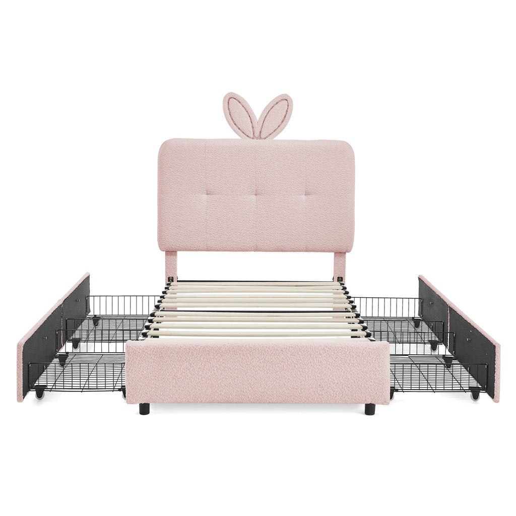 Upholstered Bed With Oversized Rabbit Ear Headboard, LED Lights & 4 Storage Drawers
