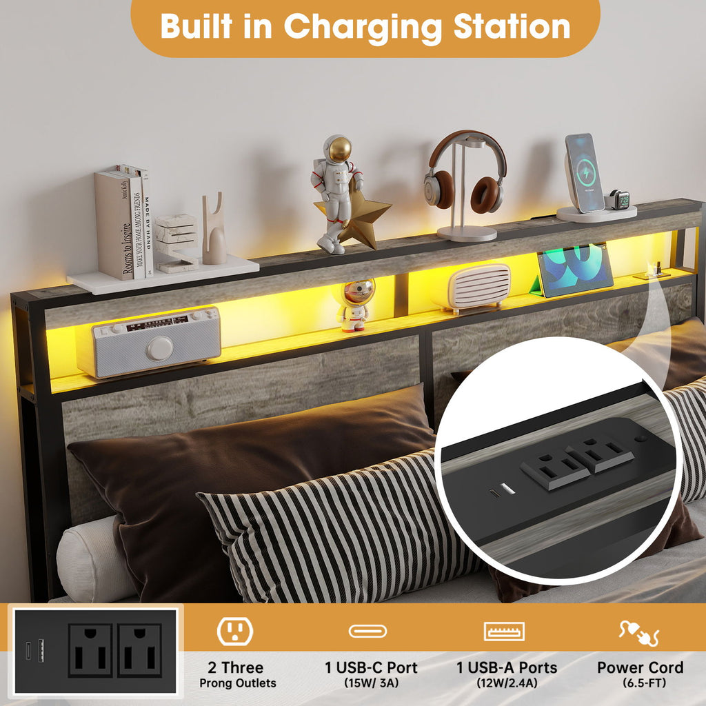 Bed Frame With Headboard, LED Lights & Charging Station