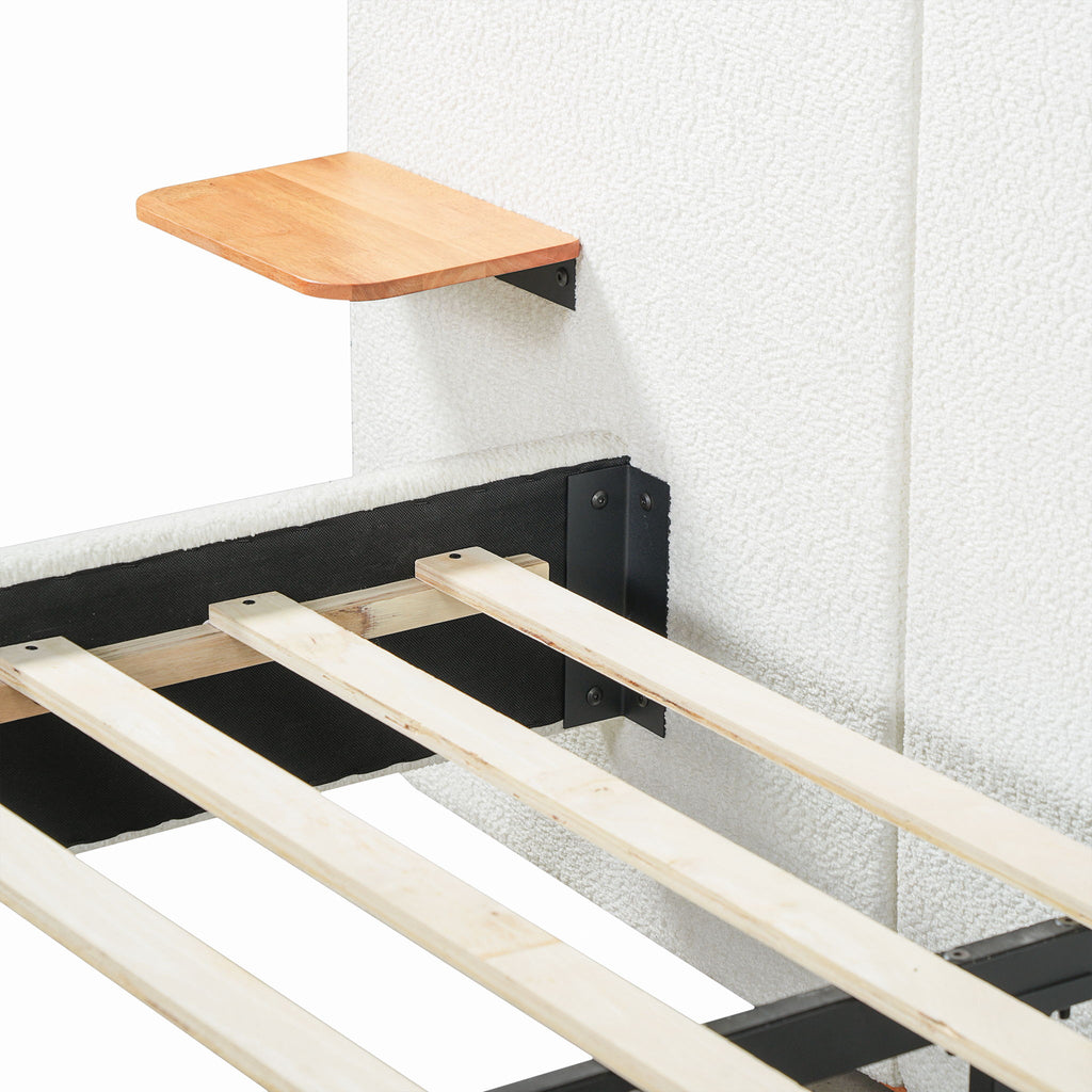 Upholstered Platform Bed Frame With Curved Headboard, Built-In Floating Shelves
