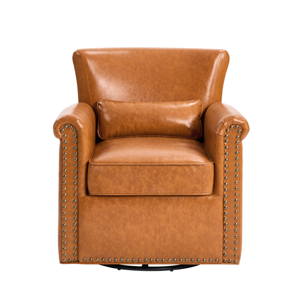 Swivel Accent Chair With Rolled Arm, Sewn Pillow Back, Nailhead Trim For Living Room