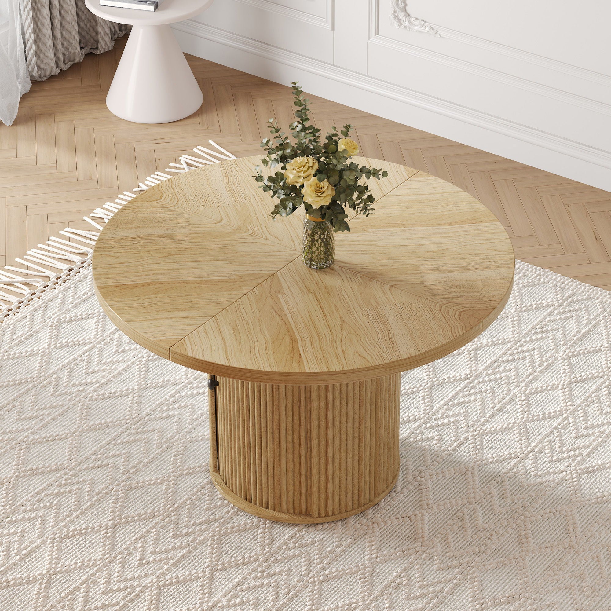 Roman Column Round Dining Table With Double Layer Storage - Wood