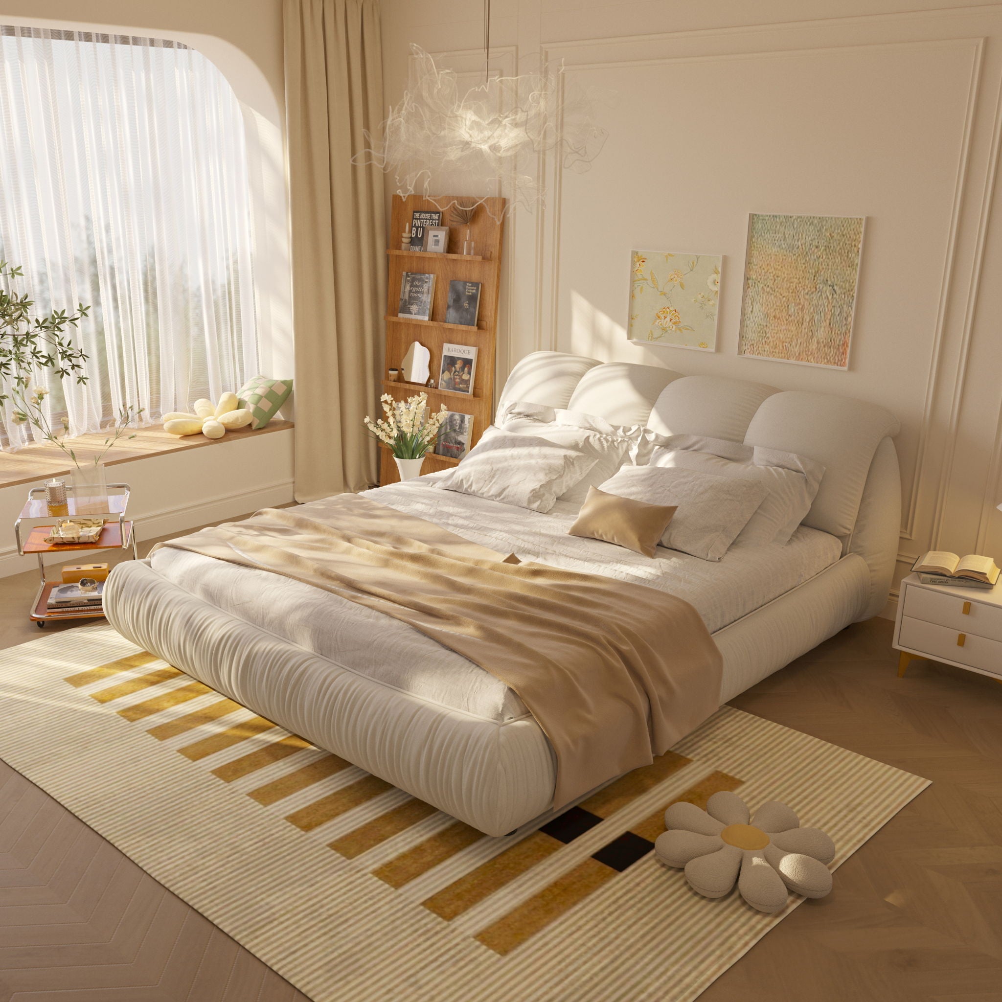 Luxury Upholstered Platform Bed With Oversized Padded Backrest And Solid Wood Frame