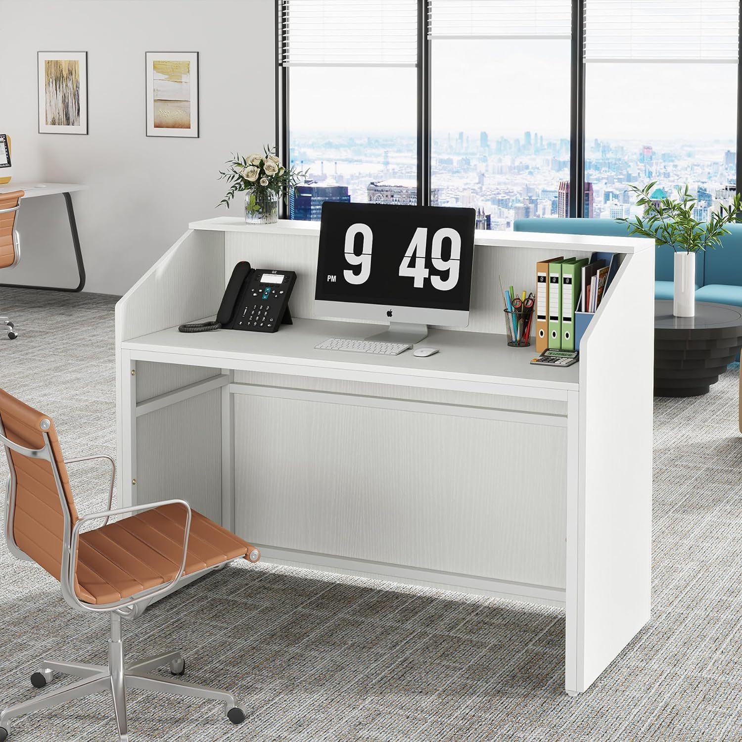 Modern Reception Desk, Front Desk Table With Cable Grommet & Privacy Panels