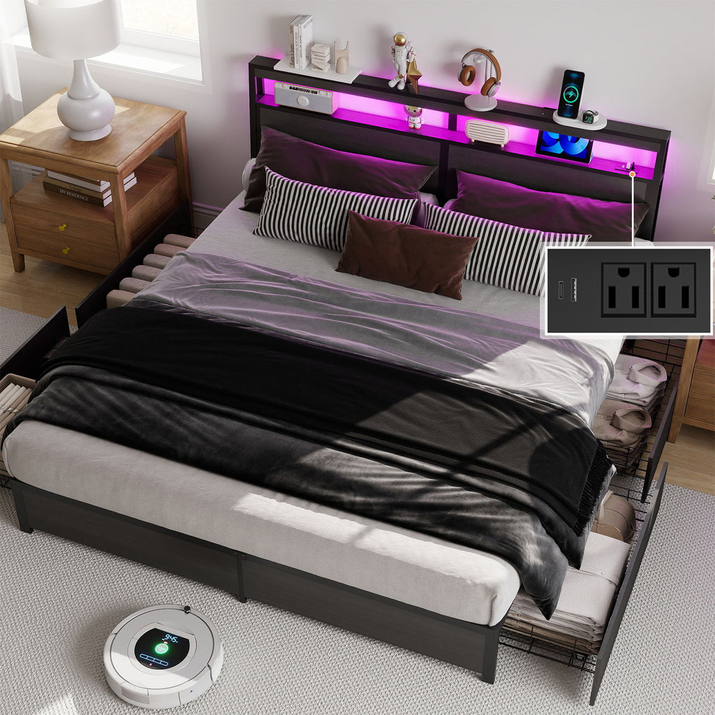 Bed Frame With Headboard, LED Lights & Charging Station