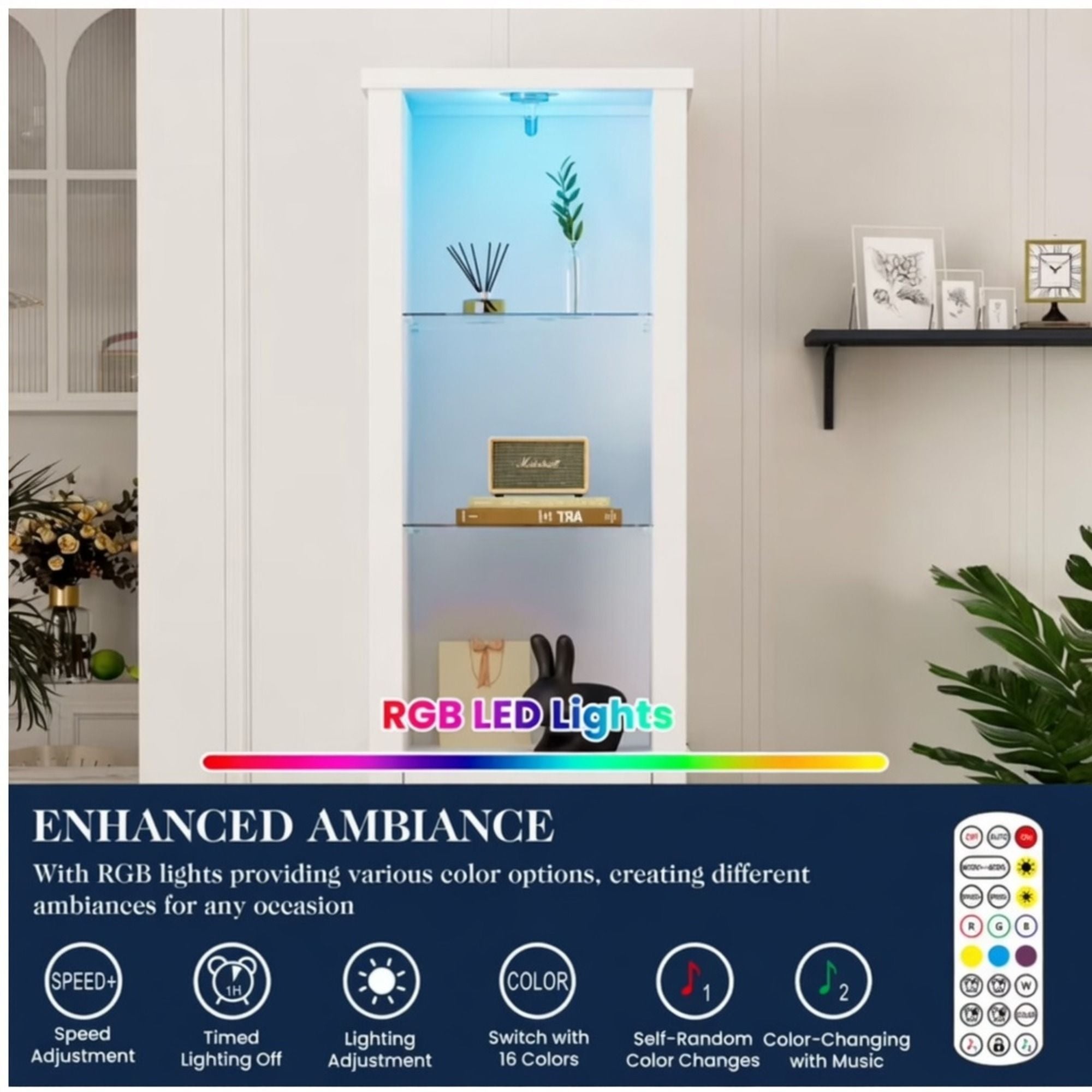Pantry Cabinet With LED Lights And Barn Door With Tempered Glass Shelves - White