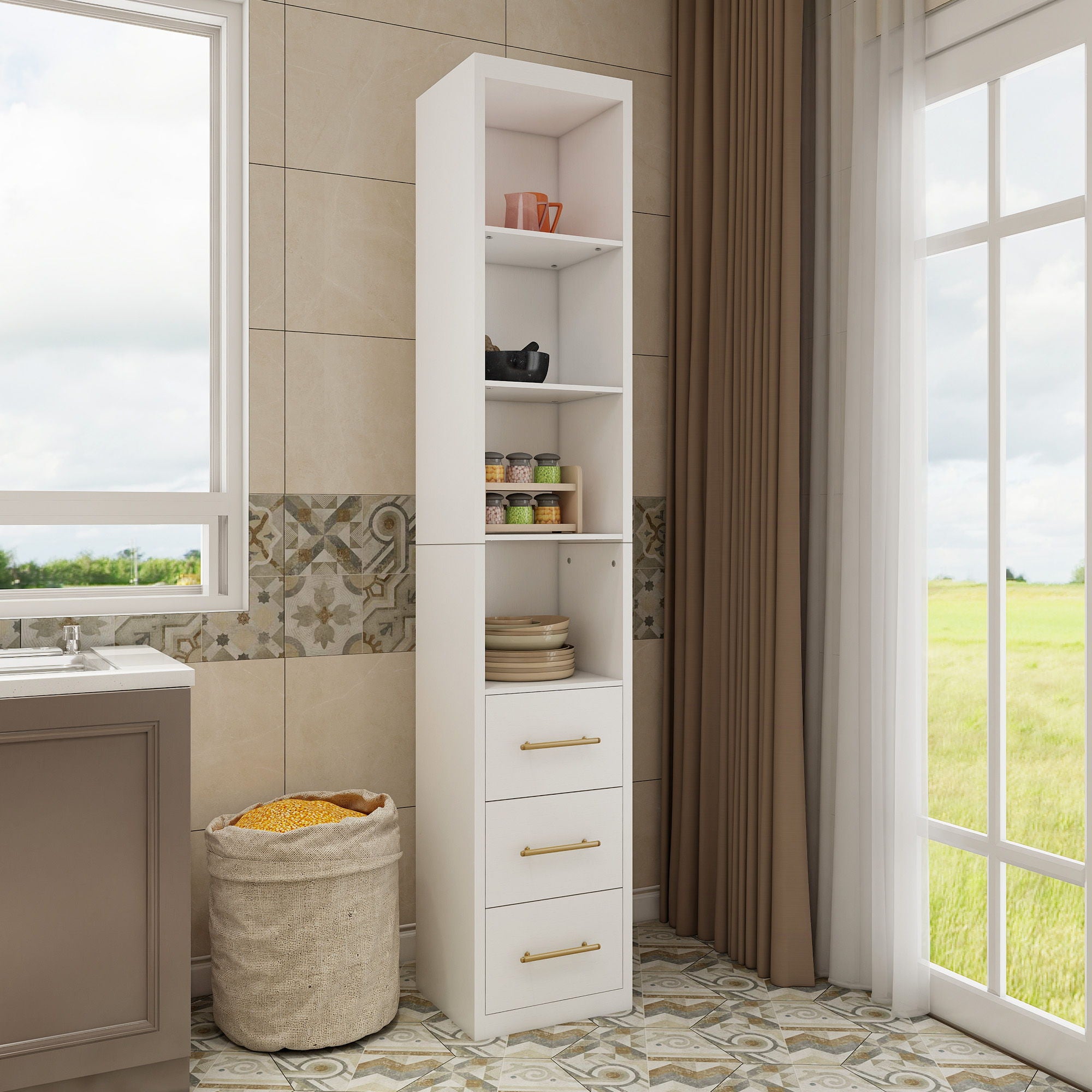 Rectangular Side Storage Cabinet With 3 Drawers For Bedroom - White