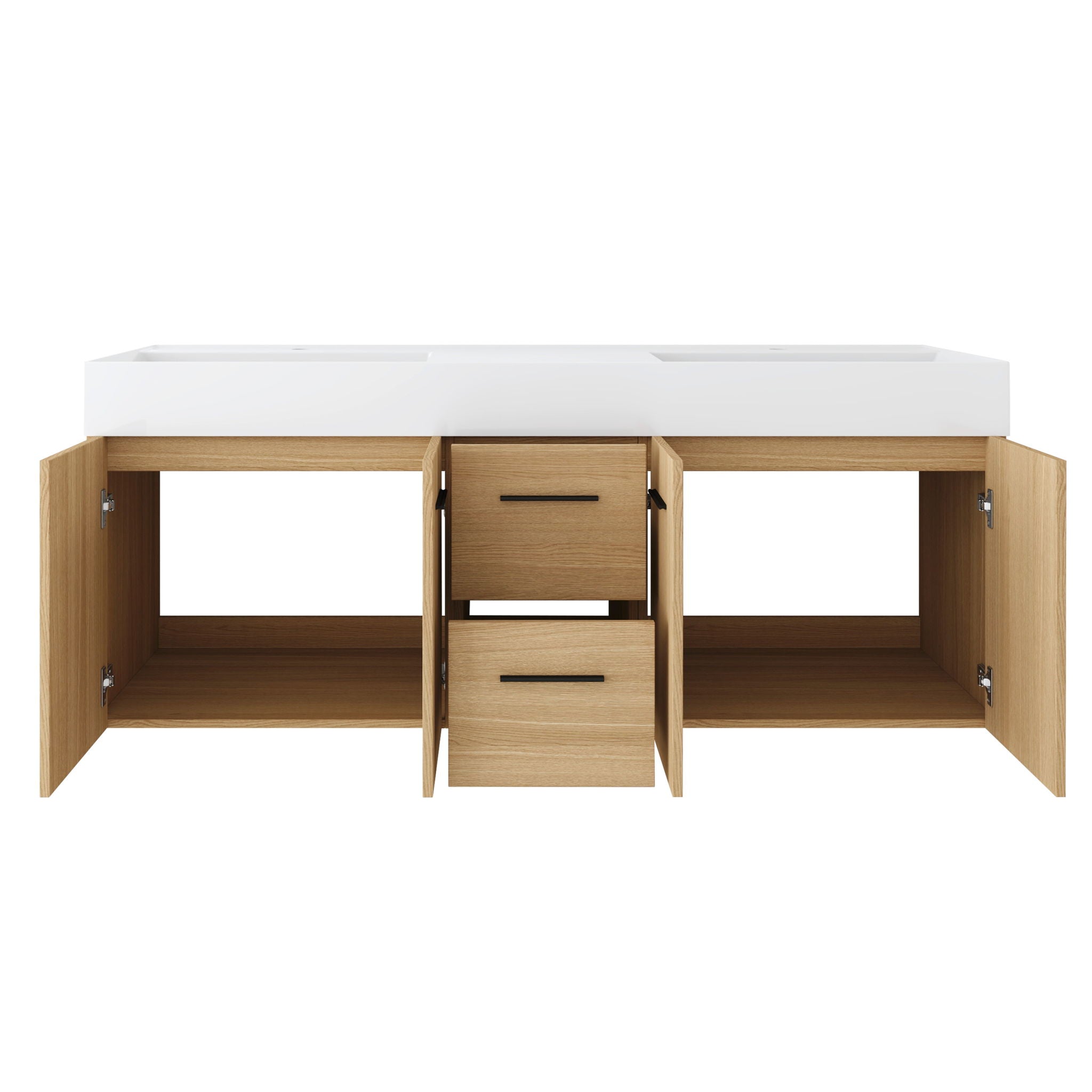 Floating Double Sink Bathroom Vanity With Drawers And Doors, Extra Large Storage, Integrated Sink, Soft Close Hardware - Glossy White / Light Oak
