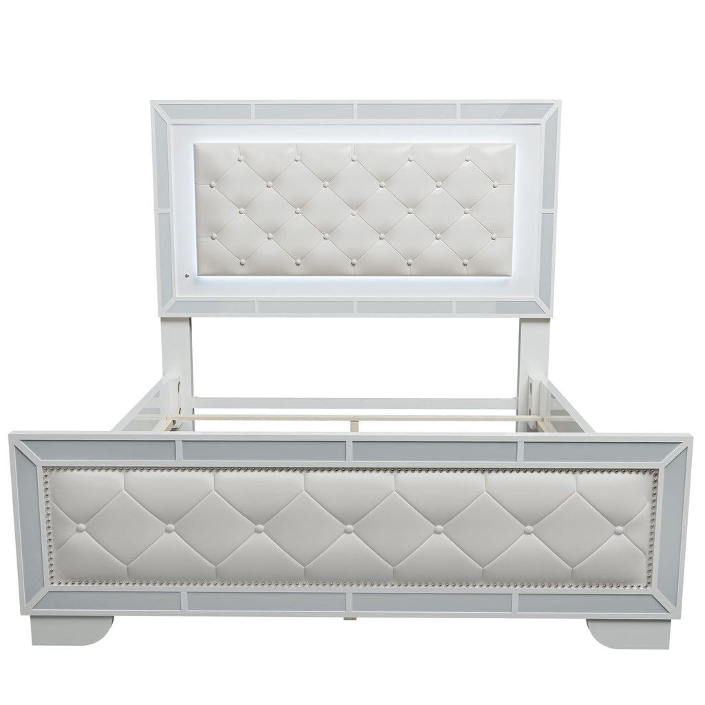 Eastern King Size Bed With LED Lights And Mirror Trim - Cream / Ivory