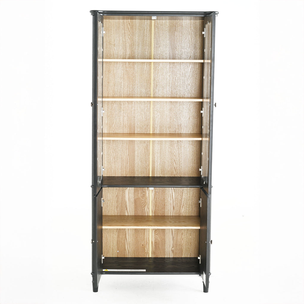 Vintage Display Cabinet With Double Glass Doors, Traditional Style For Collectibles, Ash Wood Veneer, 73.25" Tall - Black / Natural