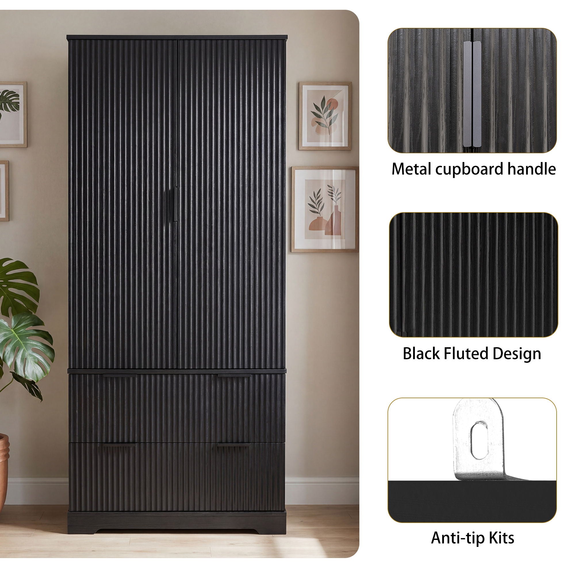 Fluted Kitchen Pantry Cabinet With 2 Large Drawers & 8 Door Spice Rack